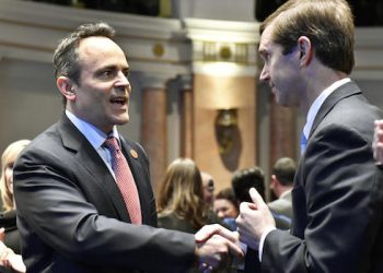 AG Andy Beshear and Gov. Matt Bevin shaking hands early in 2017. The two have been at odds on several key issues in the past.