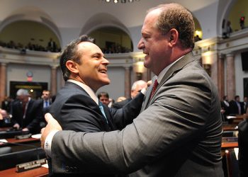 GOP Governor Matt Bevin shown in brighter times congratulating House Speaker Jeff Hoover on legislation passed during the last session.