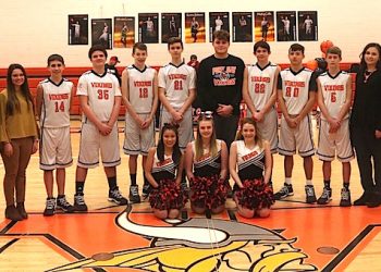 Viking 8th Grade Basketball players and Cheerleaders: L to R Standing Boys assistant Harvey Dale Marcum, Cheer assistant Lakyn Dearnell, Dylan Dawson, Jo Jo Vanhoose, Will Clayton, Elijah Fox, Big B, Dylan Vanhoose, Carson Campbell, Eli Blackburn, Cheer Coach Savannah Fox, Boys Coach Jennings Holland L to R Sitting Mika McCormick, Kenna Salmons, Hallie Fox