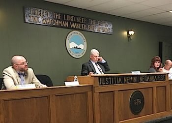 City Council members present at Feb. 2o, 2018 meeting L to R Mitch Castle, Matt Brown, Mayor Harold Slone, Lisa Schaeffer, Tom Parsons and John Nolan. Lazer Photo by Gina Woods