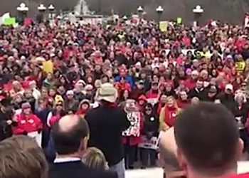 CLICK PIC TO HEAR INEZ RESIDENT AND RETIRED TEACHER MICK MCCOY SPEAK TO THE CROWD AT MONDAY'S PENSION RALLY IN FRANKFORT.