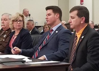 Rep. Will Coursey testifies Tuesday about a bill mandating that mental health professionals be in Kentucky schools. To Coursey’s right is psychologist Dr. Lisa Wilner and Marshall County Sheriff Kevin Byars. Marshall County Schools Superintendent Trent Lovett is shown to the Coursey’s left. (Photo by Tom Latek, Kentucky Today)