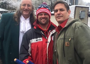 LAWRENCE CO. EDUCATION LEADERS: David "Chico" Prince, Eddie Dixon and Scott Osborne led the way for Lawrence Co. and eastern Ky educators. Prince is dressed in his usual Ben Franklin garb in honor of the Constitution which teachers seek to protect.