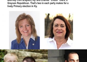 In Lawrence/Carter Co. two women have registered to run in separate parties. Top left, Jill York (R) and Kathy Hinkle (D). Below are Charles "Chuck" Clark, left, (R) of Grayson and Brandon Music, a Democrat also of Grayson