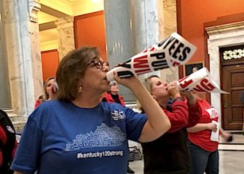Retired teacher Lydia Coffey chants "Vote them out" as lawmakers in Kentucky debate a bill to make changes to the state's pension system. (CNN)
