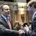 Beshear and Bevin shaking hands during a recent session. file photo