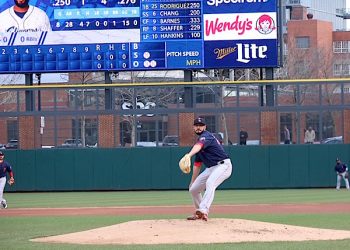 Chandler Shepherd fires a 93 MPH fastball to Nellie Rodriguez in the game Tuesday night in chilly weather..