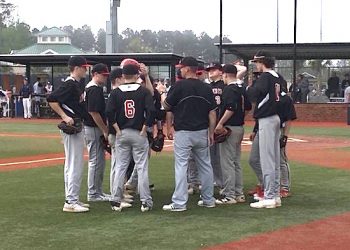Lawrence Co. head coach Travis Feltner talking to his team between innings.