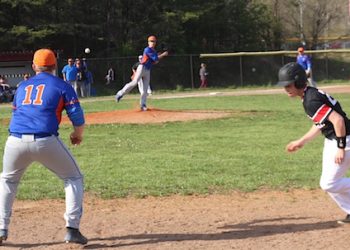 Austin Bailey picking off a Fairview baserunner as Blake Conn is waiting to apply the tag.