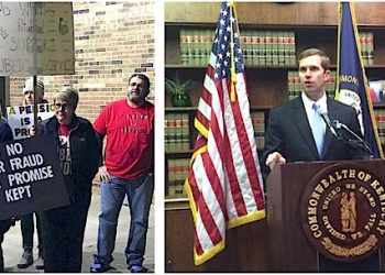 Ky. Attorney General Andy Beshear tells teachers and other state workers in Whitesburg this morning (left) that he will ask for an injunction to stop the GOP pension bill from going into affect and also announced he will file suit today.