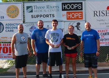 Left to right, Louisa City Councilman John Nolan, Kenny Muncy, Austin Richardson, Ali Hug, and RISEabove director Matt Brown