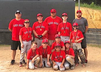 Back row: coaches - Martin Davis, Bill Pack, Keary Ratcliffe. Middle row L-R: Logan Whisenant, Owen Pack, Jack Harrison, Andrew Ratcliffe. Bottom row L-R: Mikey Akers, Gunnar Woods, Braxton Davis, Kasen Staniford, Keaden Ellis. Players not pictured: Boedy Maynard and Evan Perry