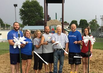 THE RIBBON CUTTING CEREMONY for the Louisa Playground eguipment was held last night at the LOCKVIEW Park. Present for the City of Louisa was Mayor Slone and Matt Brown for RiseAbove. The proceeds from the Hoops for Hope from last year made this possible with $3,000 given to the city. Pictured ar L to R Kenny AND Breanna Muncy, City Council member John Nolan and wifr, Ann, Mayor Harold Slone, and Matt and Summer Brown