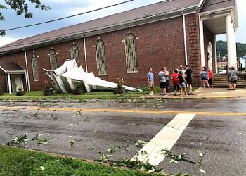 The Steeple was blown off First Baptist Church in Paintsville during last night's freakish storm. Photo by Kayla Moore Vanhoose