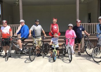 From left, Pastor Dan Smith, Bob Wells Wes Kingsmore, Cathi Kise Wells, Hayden Bowen, Shana Snook, Mayor Harold Slone, Pastor Scot Hoeksema.