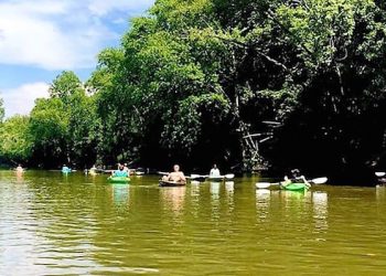 Group of kayakers floating down the river