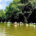 Group of kayakers floating down the river
