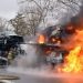 Semi truck hauling SUVs catches fire, three destroyed