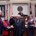 FRANKFORT, March 3 -- Two newly elected representatives were sworn in to the House. Pictured, from left, are Rep. Richard White, R-Morehead, his wife Valerie White, Chief Justice John D. Minton Jr., Rep. Rachel Roberts, D-Newport, and her husband Michael Skrzelowski.