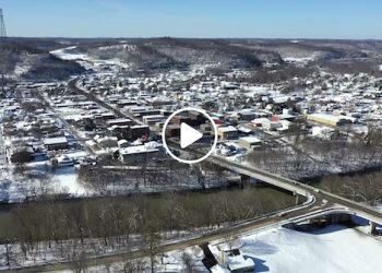 Aerial view over Louisa, Kentucky after the first white Christmas in 10 years